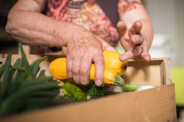 mains mettant courgettes bio dans cagette