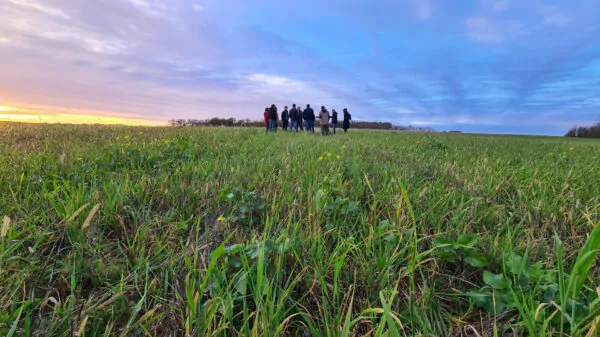 Groupe d'agriculteurs réunis au soleil couchant dans une prairie